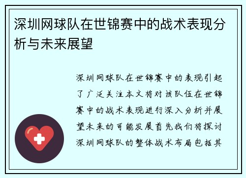 深圳网球队在世锦赛中的战术表现分析与未来展望